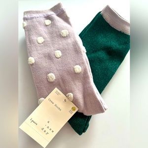 NWT Set of Crew Length Socks- Lilac w/ Raised White Polka Dots & Metallic Green
